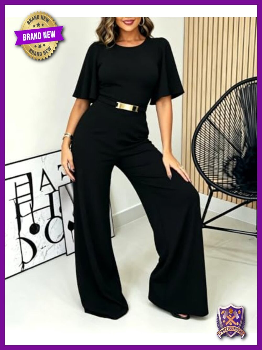 Women's Wide Leg Jumpsuit Short Sleeve Flutter Sleeve Metal Waist Detail Side - Picture 2 of 6